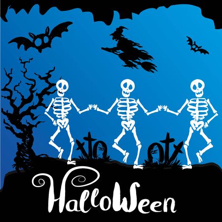 Halloween illustration with skeleton, vector hand drawn  backgroundのイラスト素材