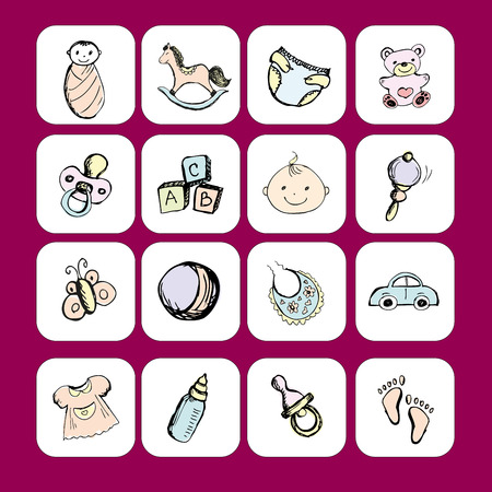 Icons newborn baby items,accessories and toys, hand drawing,vectorのイラスト素材