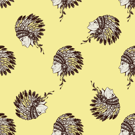 Seamless pattern Native American Head, hand drawn, vector illustrationのイラスト素材