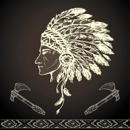 North American Indian chief with tomahawk, hand drawn vectorのイラスト素材