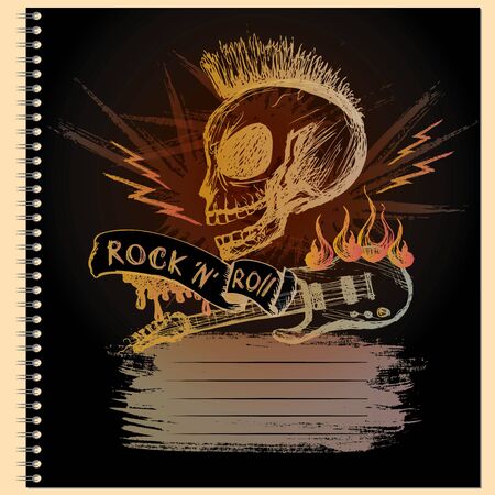 Cover for notebook with Rock and roll skull guitar, hand drawing, vector illustrationのイラスト素材