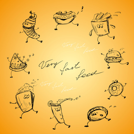 Funny fast food, hand drawing, vector illustrationのイラスト素材