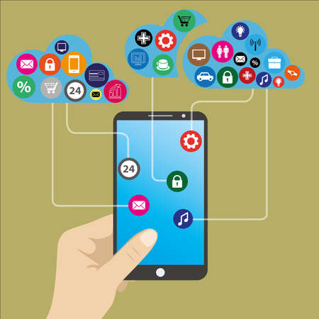 Mobile phone in hand and cloud of icons illustrationのイラスト素材