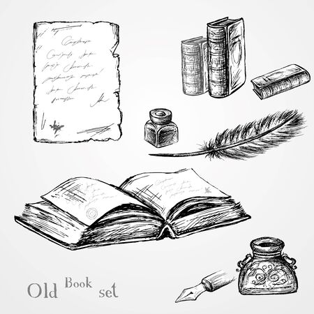 Goose feather , elegant old-fashioned decorative inkpot ,old paper with inscription. Vintage background. Hand drawnのイラスト素材