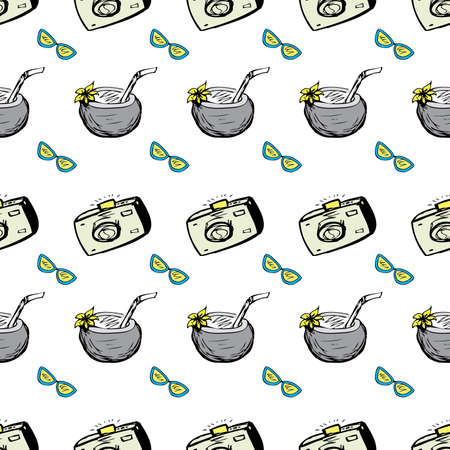 Coconut, sunglasses, camera seamless pattern, vector illustration