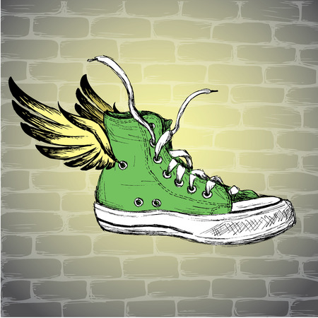 Vintage Sneakers with wings  Hand Drawn, vector illustration.のイラスト素材