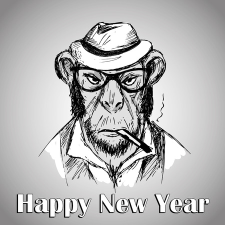 Hipster monkey with hat and  a cigarette, a symbol 2016, happy new year. Vector illustrationのイラスト素材