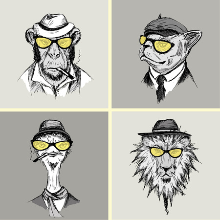 Set Hand Drawn Fashion Portrait of Lion,monkey, ostrich, Bulldog Hipster , vector illustrationのイラスト素材