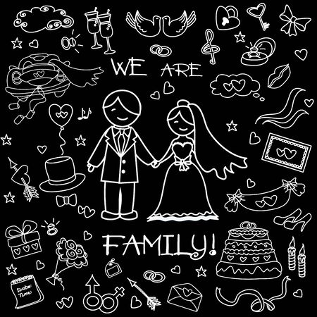 Wedding set, the words We are a family! On the black background, hand drawing doodle, vector illustrationのイラスト素材