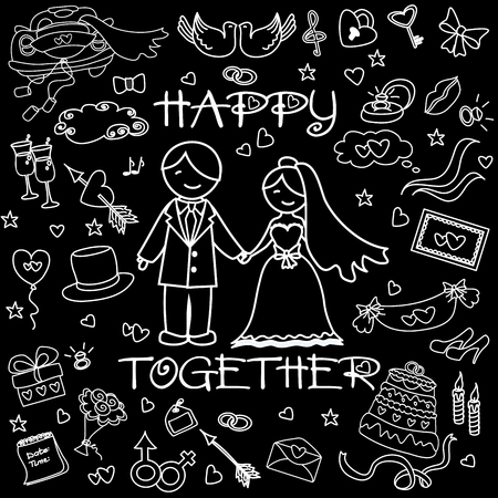 Wedding set, the words Happy together. On the black background, hand drawing doodle, vector illustrationのイラスト素材