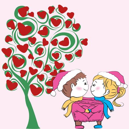 couple in love with a tree of love, Background Valentine's Day, hand drawing vector illustration.のイラスト素材