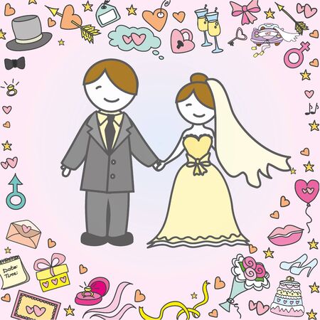 Greeting card or background, bride and groom, wedding accessories, hand drawing vector illustrationのイラスト素材