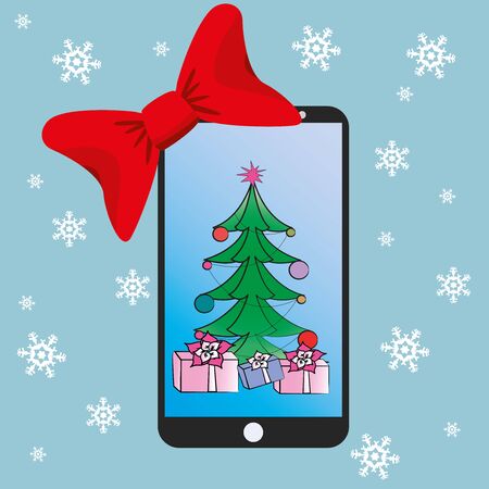 Christmas card concept design with smartphone,Christmas tree, bow Gift. Vectorのイラスト素材