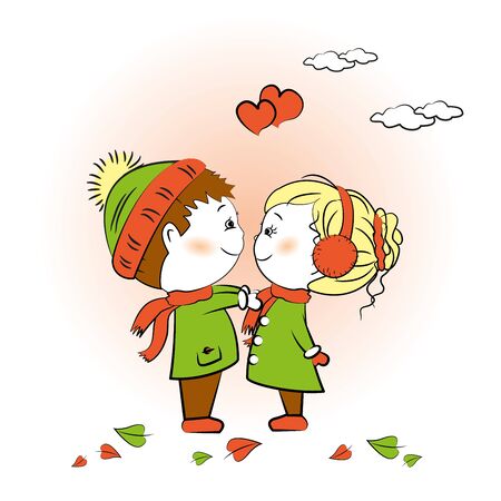 Loving boy and girl standing face to face, Valentine's Day greeting card, vectorのイラスト素材