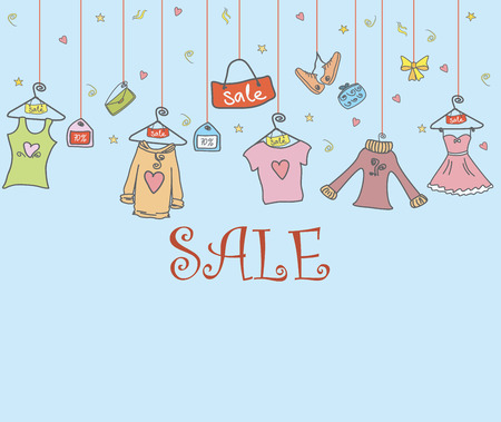 fashion shopping background, clothes and accessories, doodle hand drawn,vector illustrationのイラスト素材