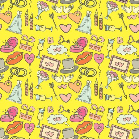 Seamless pattern -Wedding, marriage, bridal. Hand drawn vector background on yellowのイラスト素材