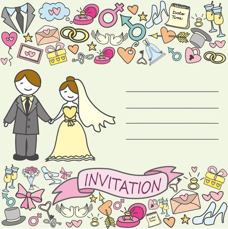 invitation card, bride and groom, doodle vector illustrationのイラスト素材