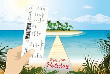 blank airline boarding pass in hand. Thailand  beach view in the background . Vector.のイラスト素材