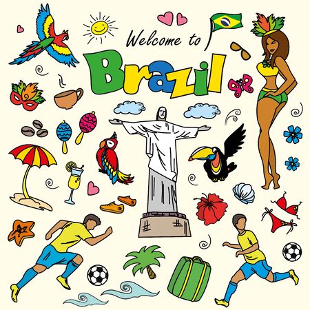 Big cartoon set of Brazilian templates - football, Brazilian accessories, clothes, trees, musical instruments, animals. For banners, sport backgrounds, presentationsのイラスト素材