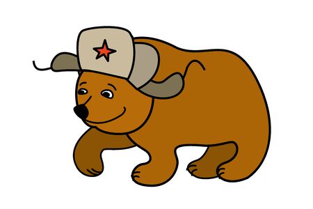 Cartoon Bear wearing a Russian hat earflaps, isolated on white background, vectorのイラスト素材