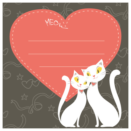 Couple of white cats and red  heart, greeting card or banner, vector illustrationのイラスト素材