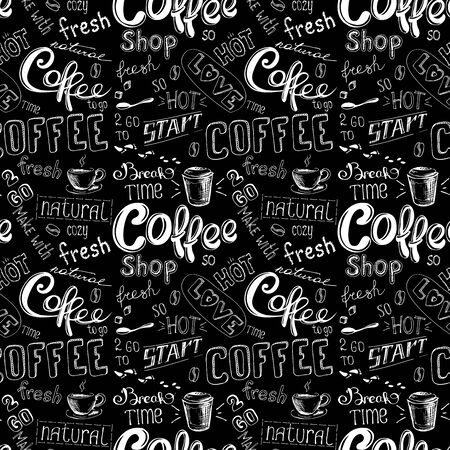 seamless doodle coffee pattern on black  background ,hand drawn vector illustrationのイラスト素材