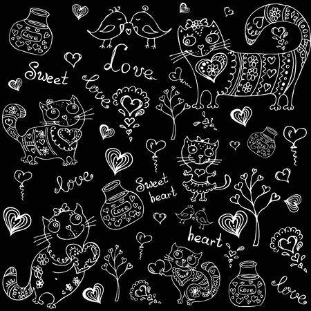vector background with different cute animals,objects and hearts, on blackのイラスト素材