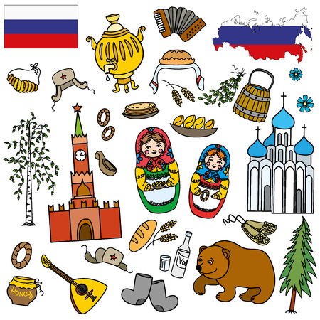 Russian symbols, travel Russia, Russian traditions. Set of colorful flat style design icons. Vector illustration.のイラスト素材