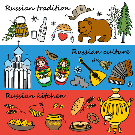 Russian symbols, travel Russia, Russian traditions. Set of colorful flat style design icons. Vector illustration.のイラスト素材