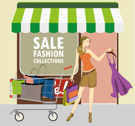 illustration of lady with shopping cart and shopping bagsのイラスト素材
