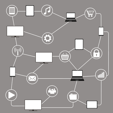 Conceptual picture of connection between gadgets, icons, networksのイラスト素材