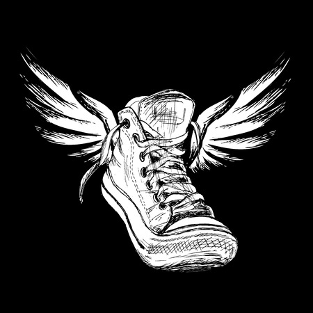 Vintage white Sneakers with wings Hand Drawn on black background, vector illustration.のイラスト素材