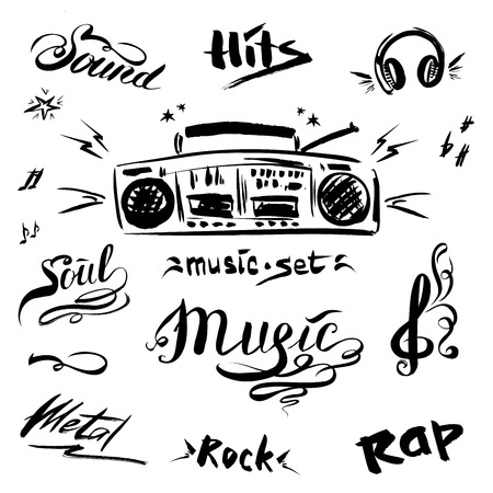 Hand drawn sketch with notes,  music player and music styles lettering signs, vector illustrationのイラスト素材