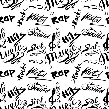 Hand drawn seamless pattern with music styles lettering signs, vector illustrationのイラスト素材