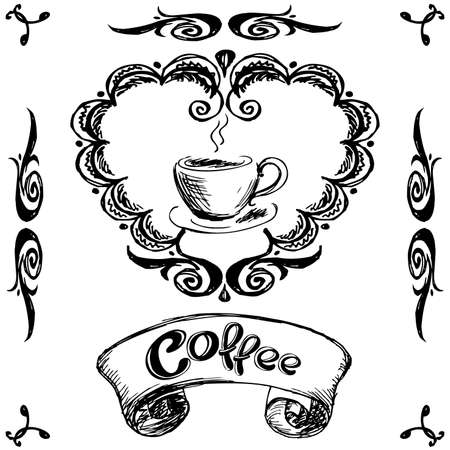 vintage label,coffee and cup,  black on white background hand drawing, vector illustrationのイラスト素材