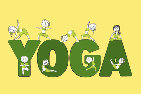 Yoga word and smile people in various yoga poses, vectorのイラスト素材