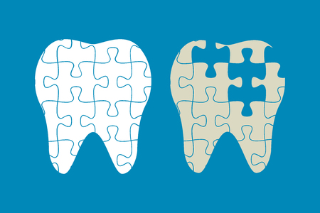 tooth of the puzzle,healthy and diseased teeth, vector illustrationのイラスト素材