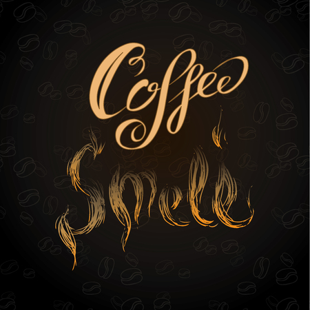 coffee smell - inscription, coffee beans on black background, hand drawing vector illustrationのイラスト素材