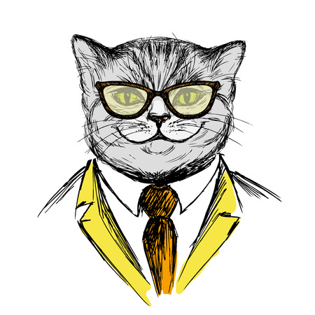 cat dressed up in hipster style,fashion vector illustration on white background,のイラスト素材