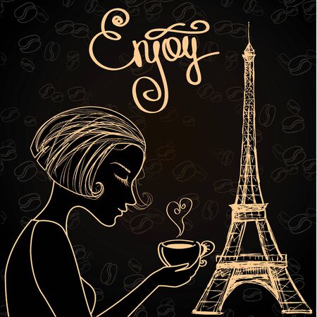 beautiful girl with a cup of coffee on the background of the Eiffel Tower, Vector illustrationのイラスト素材