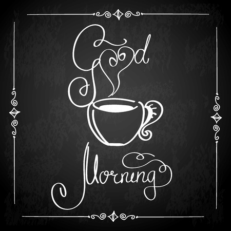 Good Morning and coffee. Chalkboard style Cafe typographic poster with hand-letteringのイラスト素材