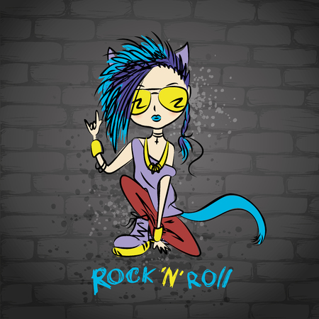 rock girl cat, brick wall on background, vector illustrationのイラスト素材