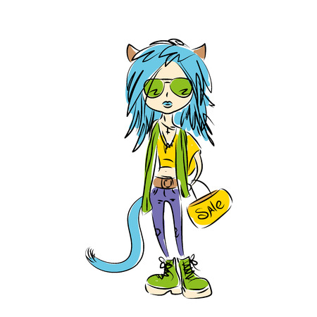 rock girl cat on white background , vector illustrationのイラスト素材