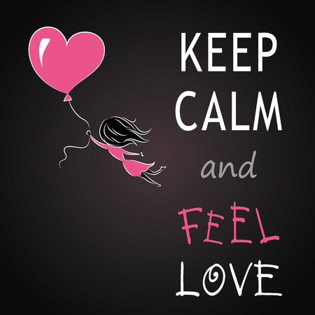 Keep calm and feel love, girl is flying on a balloon in the shape of heart, vector illustrationのイラスト素材
