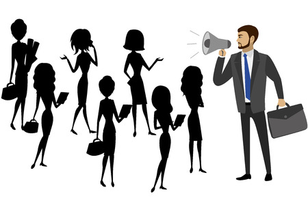 Businessman with a megaphone and silhouettes of women, teamwork, vector illustrationのイラスト素材