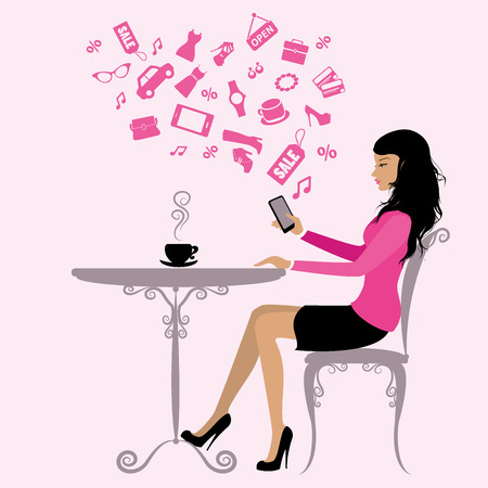 girl is drinking coffee and on the Internet via a smartphone,vector illustrationのイラスト素材