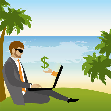 Freelancer dressed in business suit sitting under a palm tree on the beach and works ,vector illustrationのイラスト素材