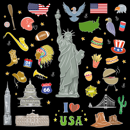 I love USA . Hand drawn doodle elements, objects or icon. American travel symbols on black background. Vector illustrationのイラスト素材