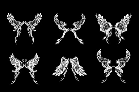 Set of Wings , isolated on black background,hand drawing, vector illustration.のイラスト素材