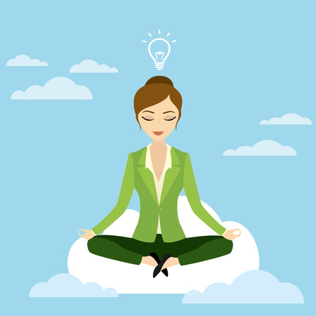 business woman in lotus position sitting on a cloud, idea concept, vector illustrationのイラスト素材
